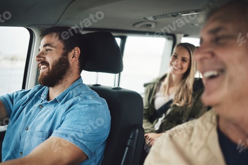 Preview: Family, travel and road trip with a man driving a car on holiday or vacation with his relatives as
