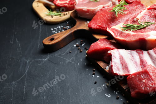 Preview: Composition with fresh raw meat on grey table, closeup
