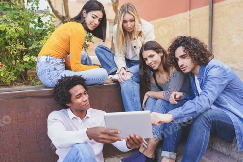 Preview: Multi-ethnic group of young people looking at a digital tablet outdoors in urban background