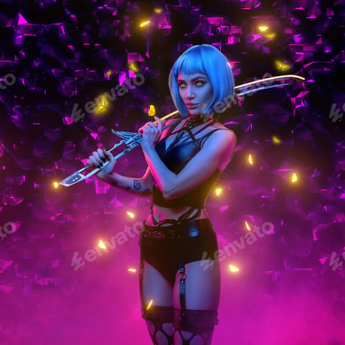 Preview: Cyberpunk woman with sword against abstract background
