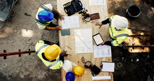 Preview: Construction site, business people and planning with tablet for architecture, building and blueprin