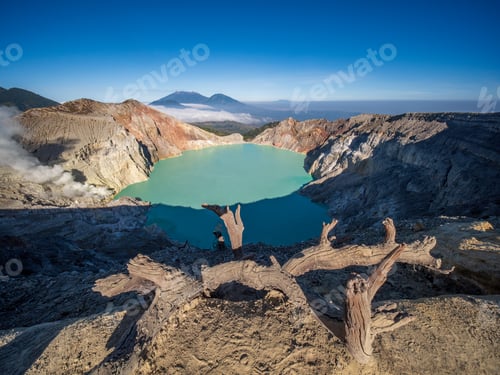 Preview: Aerial view of mount Kawah Ijen volcano crater at sunrise, East Java, Indonesia