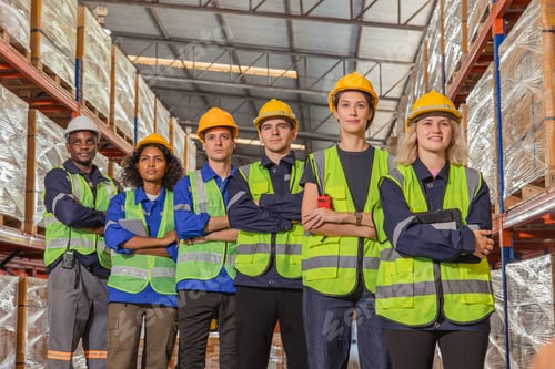 Preview: group of people worker warehouse staff team standing together closeup
