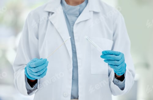 Preview: Healthcare, data and doctor with covid test in a hospital, hands of innovation and medical sample.