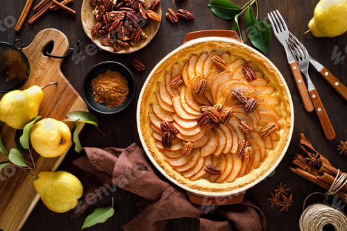 Preview: Pear tart, pie or cake with fresh pears, cinnamon and pecan nuts