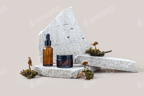 Preview: cosmetics containers on the catwalk made of stone, moss and mushrooms on a beige background