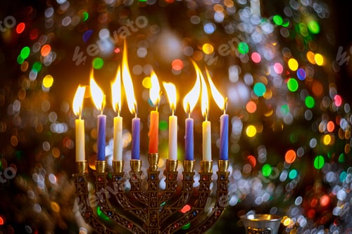 Preview: Burning candles on menorah for Hanukkah on defocus color lights background.