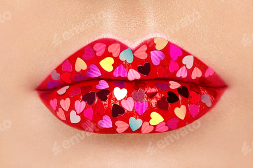 Preview: Beautiful plump pink lips with pasted hearts