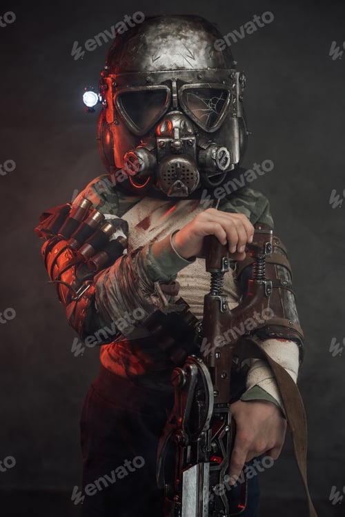 Preview: Little survivor with gas mask and gun in smokey background