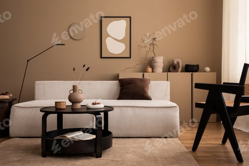 Vista previa: Warm and cozy brown living room interior with sofa, rug and personal accessories Home decor Template