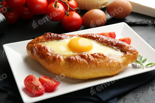 Preview: Tasty khachapuri with cheese, eggs and tomatoes on black table, closeup