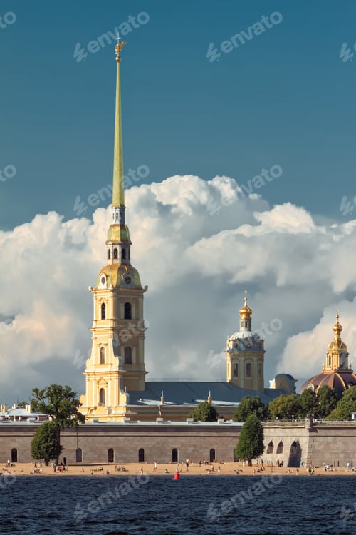 Preview: Peter and Paul Cathedral in Saint Petersburg beach and Neva river clouds and blue sky, Russia
