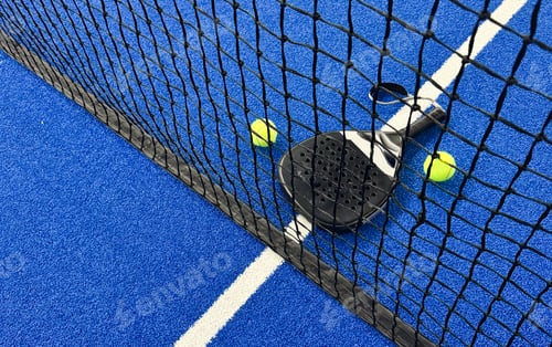 Preview: Padel tennis racket. Background with copy space. Sport court and balls.