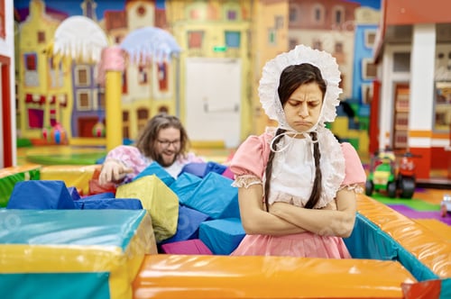 Preview: Upset woman baby standing apart after quarrel with playmates