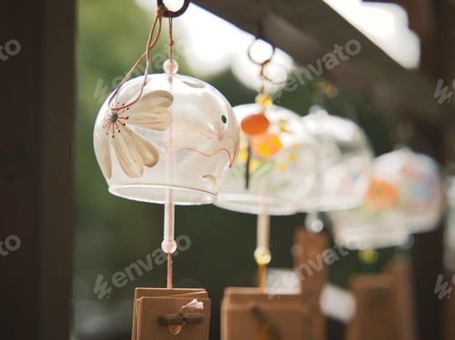 Preview: Sequence of Japanese wind bells furin hanging outdoors
