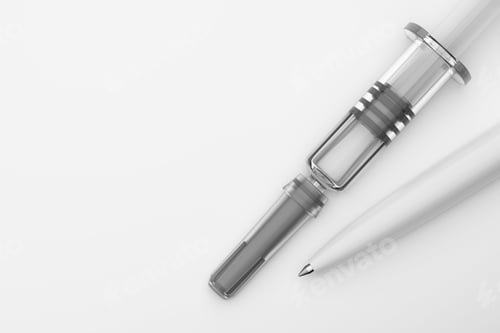Preview: Pre-filled syringe and ballpoint pen. 3D rendering.