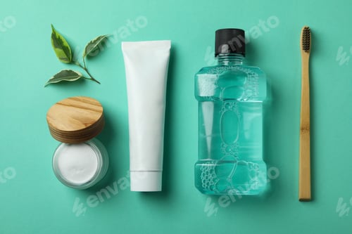 Preview: Oral care accessories on mint background, top view