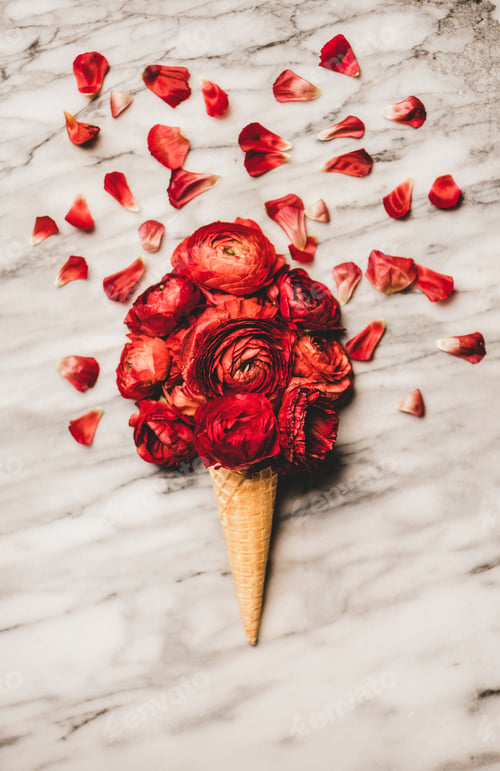 Preview: Waffle cone with scoop of ranunculus flowers over marble background