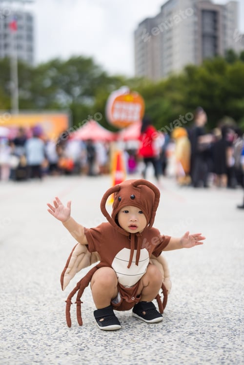 Preview: Baby wearing Halloween costume pretending to be cockroach