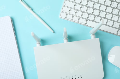 Preview: Workplace with Wi - fi router on blue background