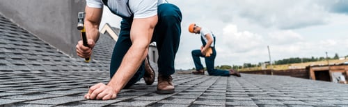 Preview: panoramic shot of handyman holding hammer while repairing roof near coworker