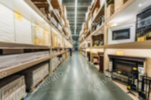 Preview: blurred view of shelves with boxes in shipping stock