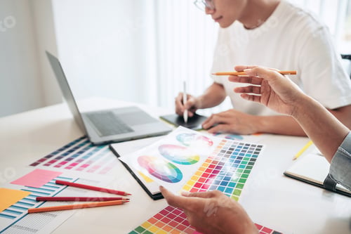Preview: Team of creative graphic designer working on color swatch sample