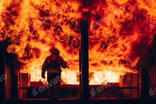 Preview: Firefighter Concept. Fireman using water and extinguisher to fighting with fire flame.