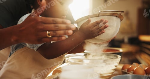 Preview: Education, girl and hands in kitchen for baking, recipe or sifting organic flour at home. Child, de