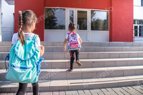 Preview: Back to school education concept with girl kids, elementary students.