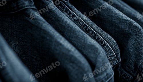 Preview: Selective focus on jacket jeans hanging on rack in clothes shop. Denim jeans with jeans pattern.
