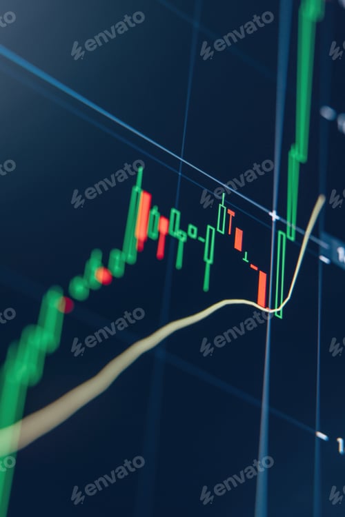 Preview: Crypto trading market chart with technical price graph and indicator, green candlestick going up