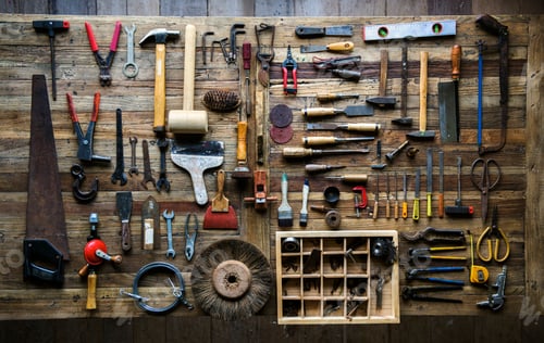 Preview: Aerial view of carpenter tools equipment set on wooden table