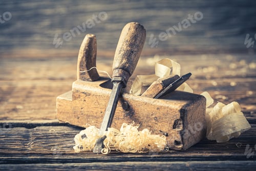 Preview: Chisel and planer in a carpentry rustic workshop