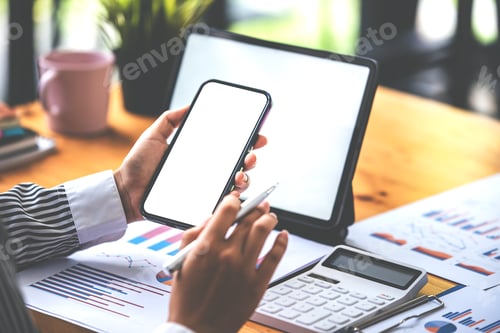 Preview: Cropped image of a female freelance translator's hand. holding a blank screen smartphone in his mode
