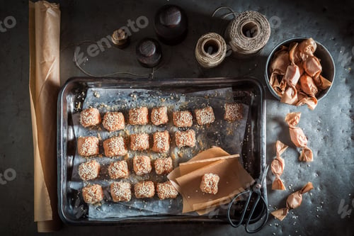 Preview: Closeup of sweet candy with sesame and sugar