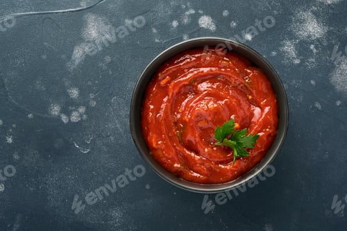 Preview: Tomato ketchup spicy sauce in a black bowl with spices and fresh tomatoes on a dark slate, stone or