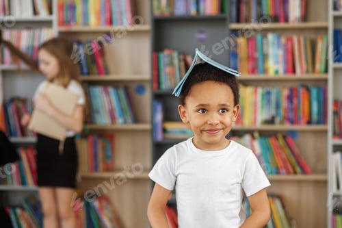 Preview: Back to school. Mixed-race schoolboy with book on head having fun.