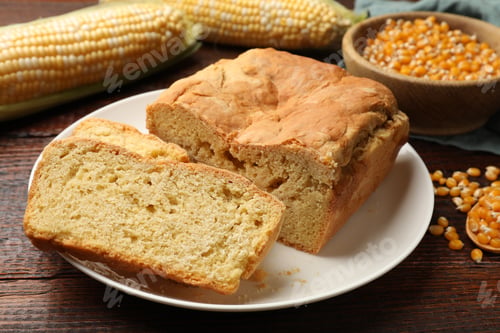 Preview: Freshly baked cornbread, cobs and seeds on wooden table, closeup