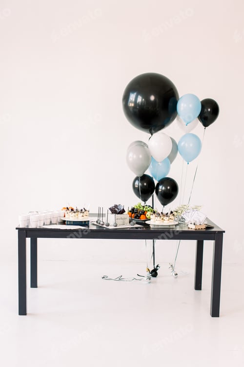 Preview: Decorations for holiday party. A lot of balloons blue, black and white colors. Black And White