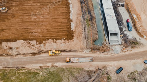 Preview: Aerial View of Soil Compactor at Work, Essential Road Construction Gear for Bridge Building