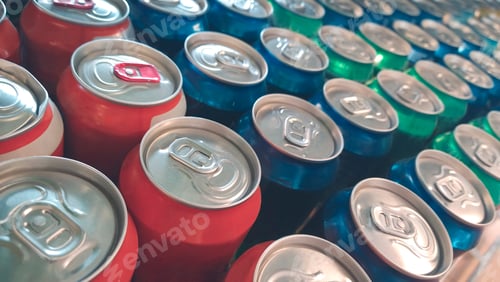 Preview: Rows of colorful metal cans with soda drink in shop