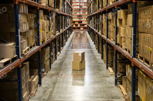 Preview: View down an aisle of racks holding cardboard boxes of product on pallets in a large distribution