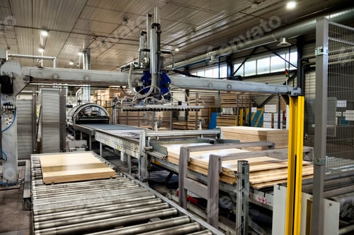 Preview: Automated Machinery Moves Plywood Sheets in Lumber Manufacturing Facility