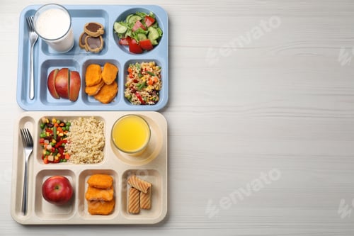 Preview: Plastic trays with tasty food, milk and orange juice on white wooden table, flat lay. Space for text