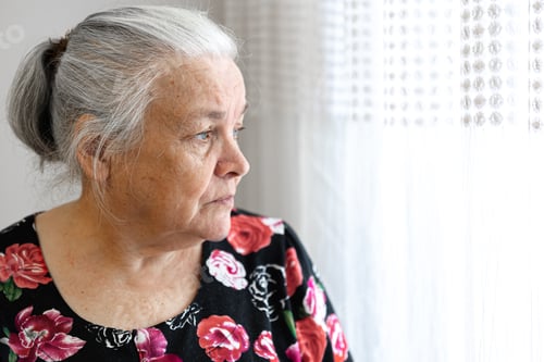 Preview: Close up portrait of elderly woman looking out the window.