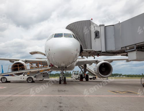 Preview: Passenger white plane at the airport. Boarding passengers through the boarding bridge. Loading and