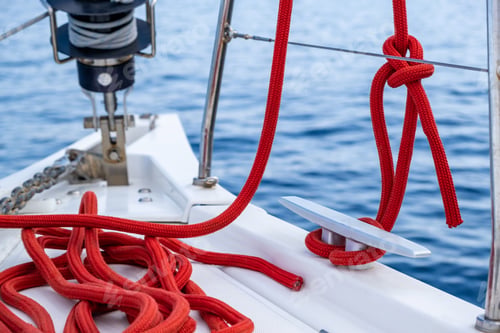 Preview: Sailing boat mooring rope tied on cleat, blur sea water background