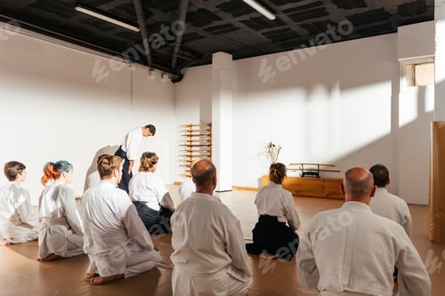 Preview: Martial Arts Students Practicing Seiza Stand In Dojo During Morning Class