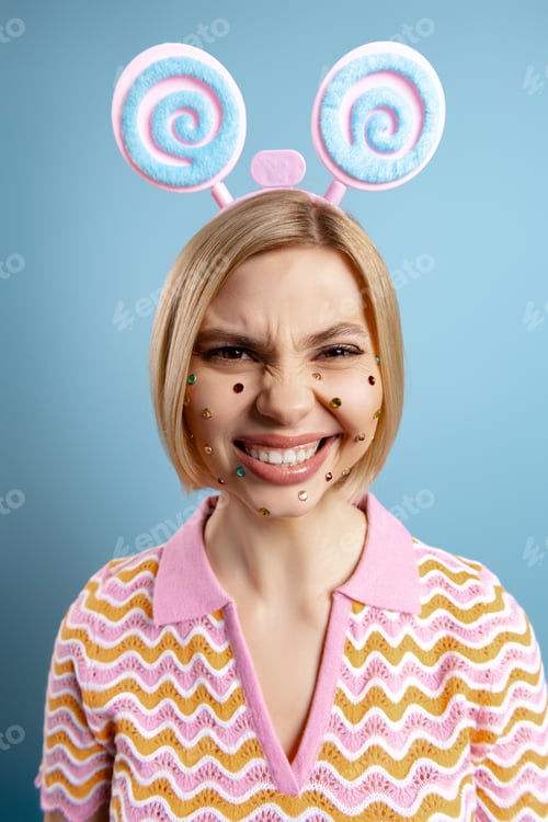 Preview: Playful young woman with colorful rhinestones over her face grimacing against blue background